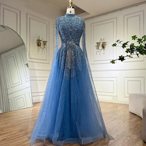 Luxury Blue Arabic Evening Dress with Cape Sleeves Plus Size LA70066B