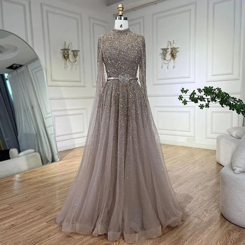 Luxury Blue Arabic Evening Dress with Cape Sleeves Plus Size LA70066B