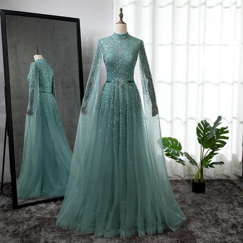 Luxury Blue Arabic Evening Dress with Cape Sleeves Plus Size LA70066B
