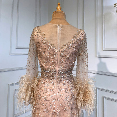 Gold A-Line Long Sleeves Feathers Evening Dress 2025  for Women Luxury O-Neck Crystal Sequins Handmade LA71654