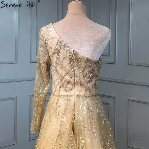 Vestidos de noche de lujo dorados de corte A, estilo vestido, con un solo hombro y cuentas, sexys para mujer, para fiestas, modelo LA71223 
