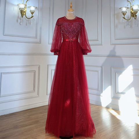 Gold A-Line Luxury Evening Dresses Gowns 2025 Beaded Lantern Sleeve For Women Party LA71498