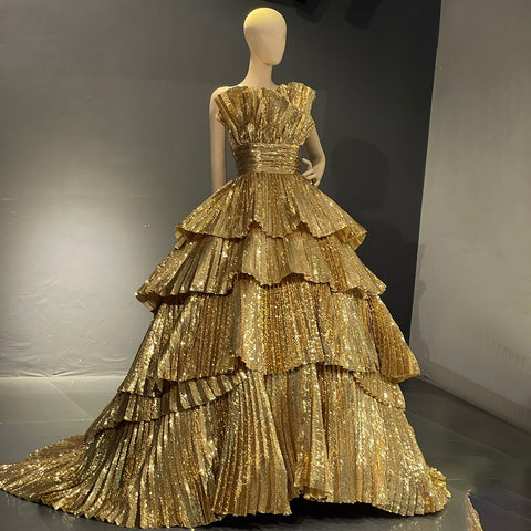 Vestidos de noche dorados de corte A con volantes y escote festoneado, estilo alta costura para mujer, colección 2025, modelo LA71753 