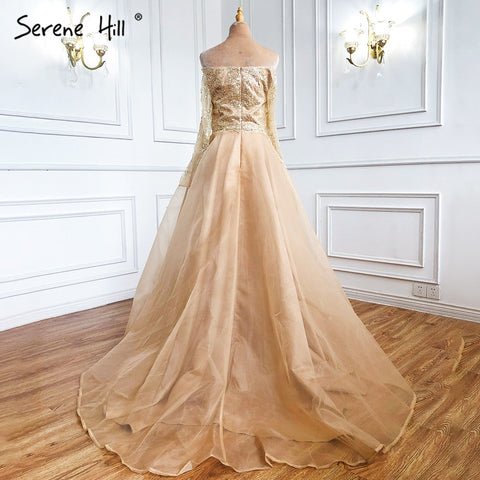 Vestidos de noche sexys dorados de corte A, estilo 2025, con cuentas y hombros descubiertos, para mujer, ideales para bodas y fiestas (LA71305) 