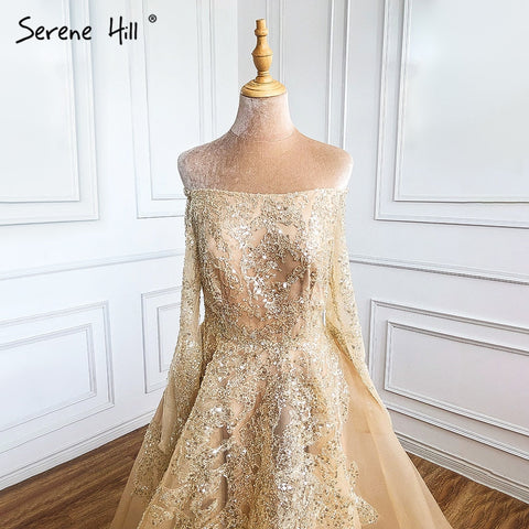 Vestidos de noche sexys dorados de corte A, estilo 2025, con cuentas y hombros descubiertos, para mujer, ideales para bodas y fiestas (LA71305) 