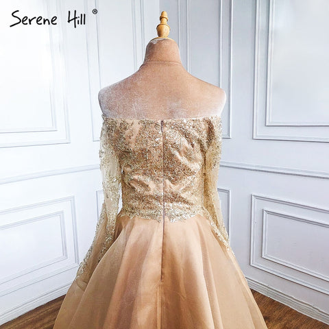 Vestidos de noche sexys dorados de corte A, estilo 2025, con cuentas y hombros descubiertos, para mujer, ideales para bodas y fiestas (LA71305) 