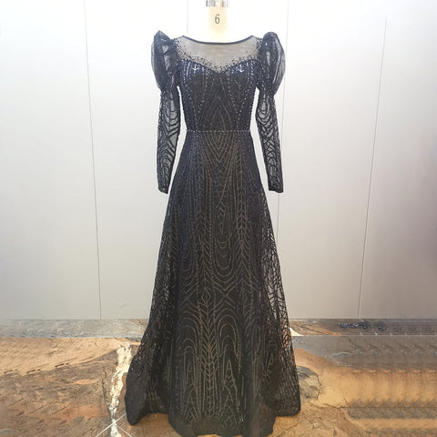 Vestidos de noche musulmanes con cuentas doradas, estilo lujoso, corte en A, mangas abullonadas, para mujer, ideales para fiestas (LA71657) 