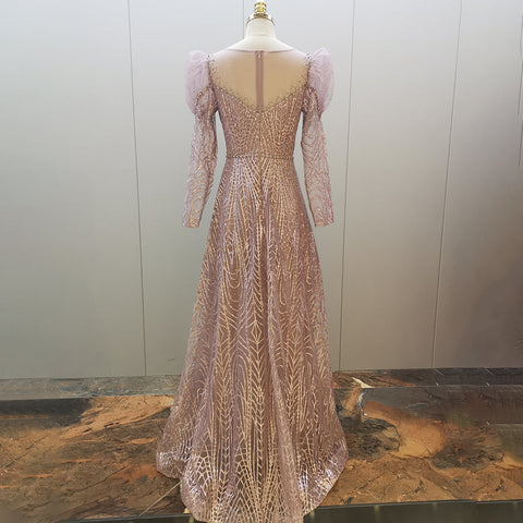 Vestidos de noche musulmanes con cuentas doradas, estilo lujoso, corte en A, mangas abullonadas, para mujer, ideales para fiestas (LA71657) 