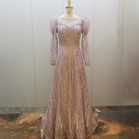 Vestidos de noche musulmanes con cuentas doradas, estilo lujoso, corte en A, mangas abullonadas, para mujer, ideales para fiestas (LA71657) 