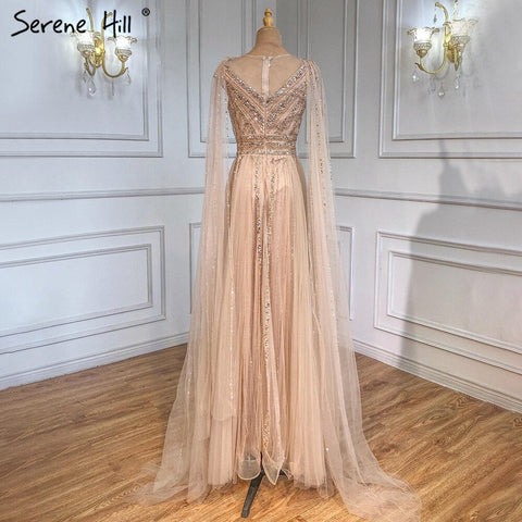 Gold Cape Sleeves A-Line Evening Dresses Gowns 2025 Luxury Beaded For Women Party LA71315