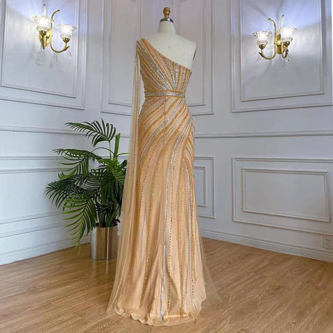 Gold Elegant Mermaid Sexy One Shoulder Cape Sleeve High Split Luxury Beaded Evening Dresses Gowns 2025 LA71902