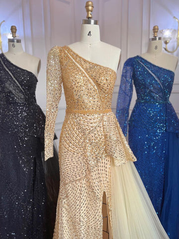 Robe de soirée élégante et sexy, style sirène, asymétrique épaule dénudée, fendue, perles, luxueuse, pour femme, modèle LA71890, 2025 