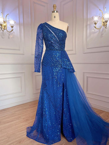 Robe de soirée élégante et sexy, style sirène, asymétrique épaule dénudée, fendue, perles, luxueuse, pour femme, modèle LA71890, 2025 