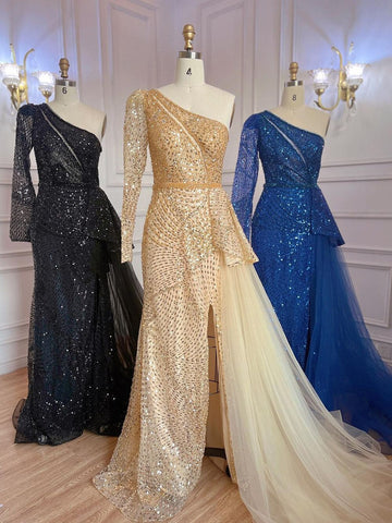 Robe de soirée élégante et sexy, style sirène, asymétrique épaule dénudée, fendue, perles, luxueuse, pour femme, modèle LA71890, 2025 