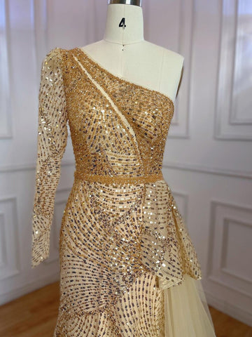 Robe de soirée élégante et sexy, style sirène, asymétrique épaule dénudée, fendue, perles, luxueuse, pour femme, modèle LA71890, 2025 