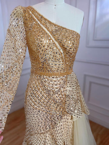 Robe de soirée élégante et sexy, style sirène, asymétrique épaule dénudée, fendue, perles, luxueuse, pour femme, modèle LA71890, 2025 