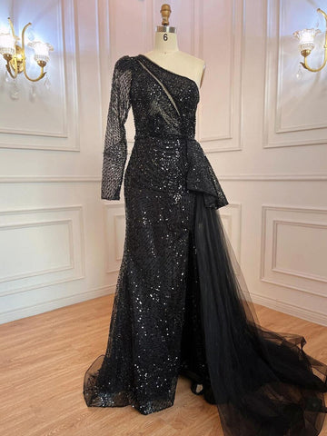 Robe de soirée élégante et sexy, style sirène, asymétrique épaule dénudée, fendue, perles, luxueuse, pour femme, modèle LA71890, 2025 