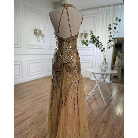 Gold Halter Mermaid Sparkle Evening Dresses Gowns 2025 Sequined Beaded Sleeveless For Women Wedding Party LA6461