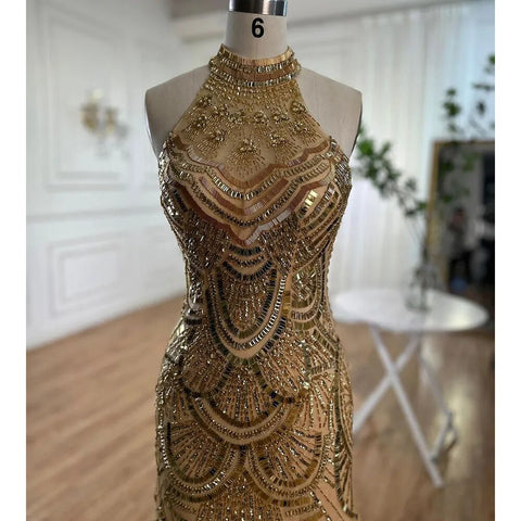 Gold Halter Mermaid Sparkle Evening Dresses Gowns 2025 Sequined Beaded Sleeveless For Women Wedding Party LA6461
