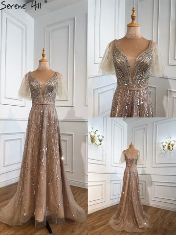 Gold Luxury A-Line Evening Dresses Gowns 2025 Beaded  Short Flare Sleeves For Women Party LA70824