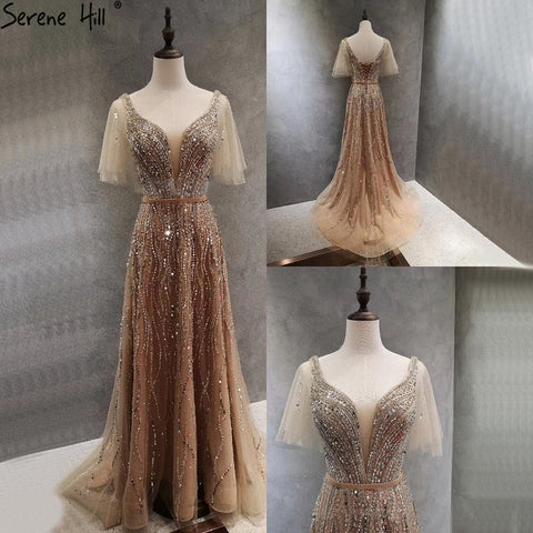 Gold Luxury A-Line Evening Dresses Gowns 2025 Beaded  Short Flare Sleeves For Women Party LA70824