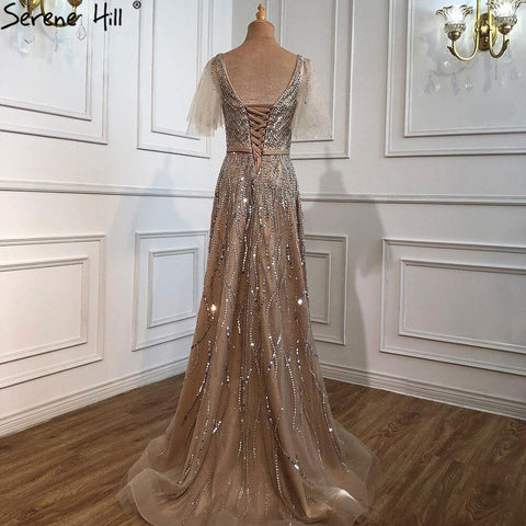 Gold Luxury A-Line Evening Dresses Gowns 2025 Beaded  Short Flare Sleeves For Women Party LA70824