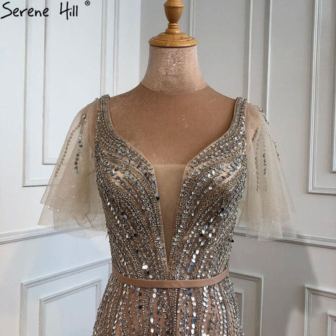 Gold Luxury A-Line Evening Dresses Gowns 2025 Beaded  Short Flare Sleeves For Women Party LA70824