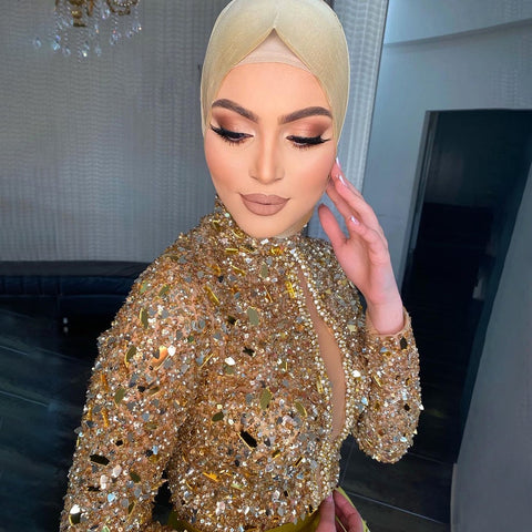 Gold Luxury Beaded Evening Gowns 2025 Mermaid Elegant Satin For Women Wedding Party LA71509