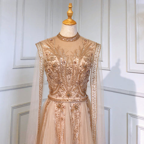 Vestidos de noche de lujo con mangas capa doradas, estilo sirena con cuentas, elegantes, para mujer, ideales para fiestas (LA71604) 