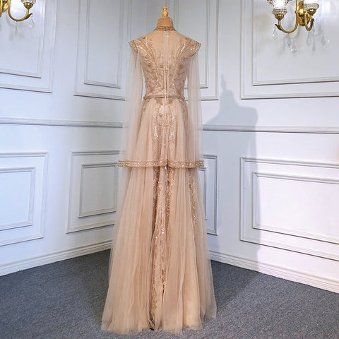 Vestidos de noche de lujo con mangas capa doradas, estilo sirena con cuentas, elegantes, para mujer, ideales para fiestas (LA71604) 