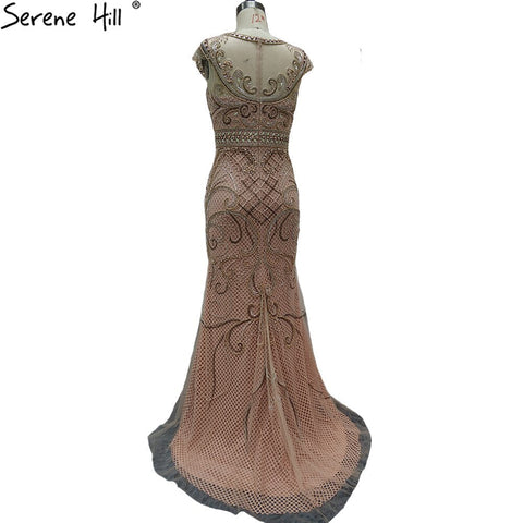 Vestidos de noche de lujo dorados con mangas casquillo, corte sirena, elegantes con cuentas, para mujer, ideales para fiestas (LA70851) 