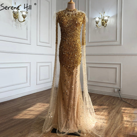 Sale Gold Luxury Elegant Mermaid Evening Dresses Gowns 2025 Cape Sleeves Beading Sexy For Women Party LA70833