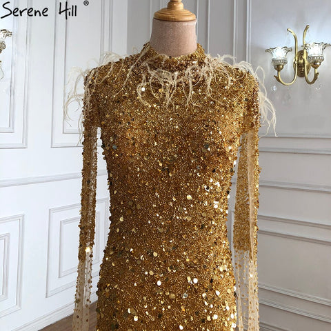 Sale Gold Luxury Elegant Mermaid Evening Dresses Gowns 2025 Cape Sleeves Beading Sexy For Women Party LA70833