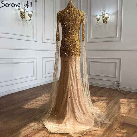 Sale Gold Luxury Elegant Mermaid Evening Dresses Gowns 2025 Cape Sleeves Beading Sexy For Women Party LA70833