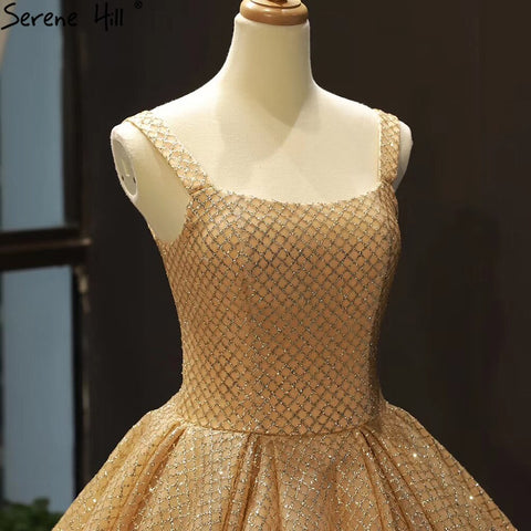 Robe de mariée luxueuse à paillettes dorées, robe de mariée sexy à bretelles spaghetti, HM66731, sur mesure, 2025 