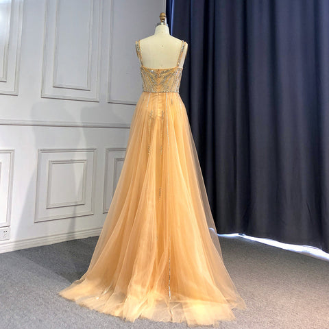 Gold Luxury High Split Evening Dresses Gowns 2025 Beaded Meramid Elegant For Women Party LA71373