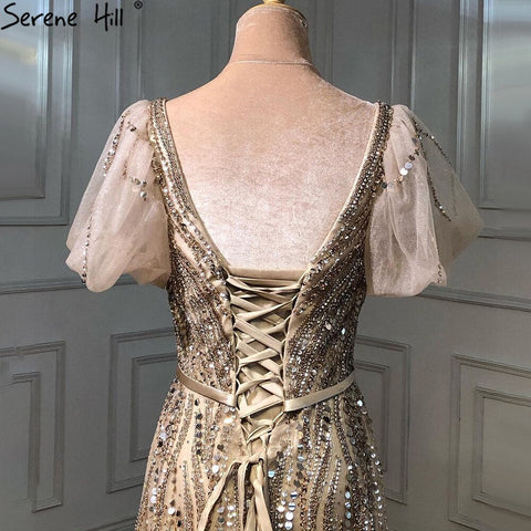 Vestidos de noche de lujo dorados, sexis, 2025, mangas cortas acampanadas, corte en A con cuentas, para mujer, para fiestas, LA70824A 