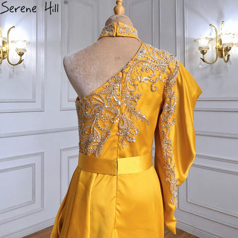 Gold Mermaid Beaded Evening Dresses Gowns 2025 One Shoulder Elegant Satin For Women Party LA71424