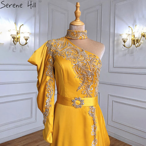 Gold Mermaid Beaded Evening Dresses Gowns 2025 One Shoulder Elegant Satin For Women Party LA71424