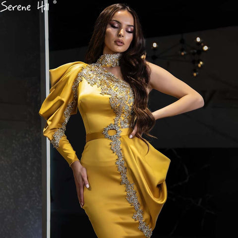 Gold Mermaid Beaded Evening Dresses Gowns 2025 One Shoulder Elegant Satin For Women Party LA71424