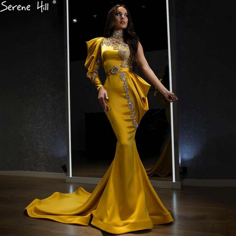 Gold Mermaid Beaded Evening Dresses Gowns 2025 One Shoulder Elegant Satin For Women Party LA71424
