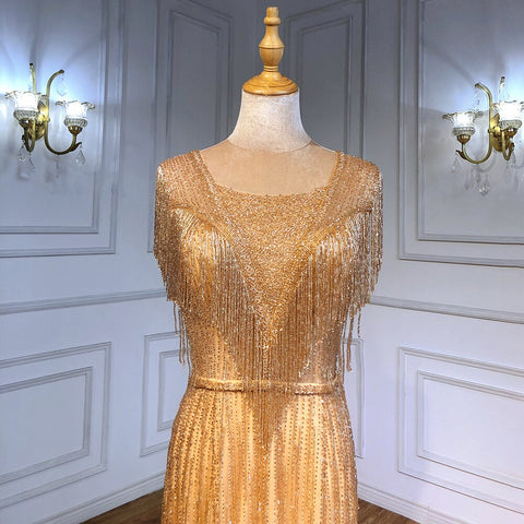 Vestidos de noche elegantes estilo sirena dorados, colección 2025, con borlas y cuentas, de lujo para mujer, ideales para fiestas (LA71435) 