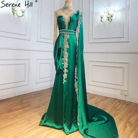 Vestidos de noche elegantes estilo sirena dorados, colección 2025, satén de lujo con cuentas, un solo hombro, para mujer, ideales para fiestas (LA70869) 