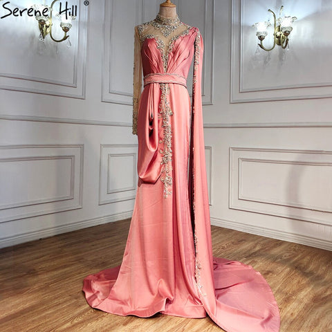 Vestidos de noche elegantes estilo sirena dorados, colección 2025, satén de lujo con cuentas, un solo hombro, para mujer, ideales para fiestas (LA70869) 