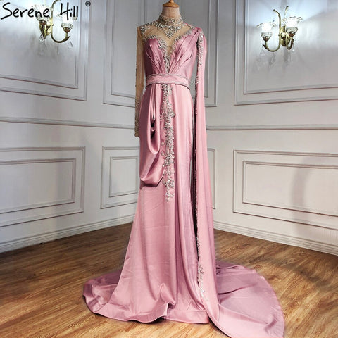 Vestidos de noche elegantes estilo sirena dorados, colección 2025, satén de lujo con cuentas, un solo hombro, para mujer, ideales para fiestas (LA70869) 