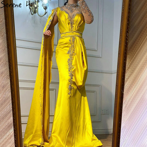 Vestidos de noche elegantes estilo sirena dorados, colección 2025, satén de lujo con cuentas, un solo hombro, para mujer, ideales para fiestas (LA70869) 