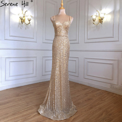 Gold Mermaid Elegant Evening Dresses Gowns 2025 Spaghetti Strap Sparkle For Women Party LA71419