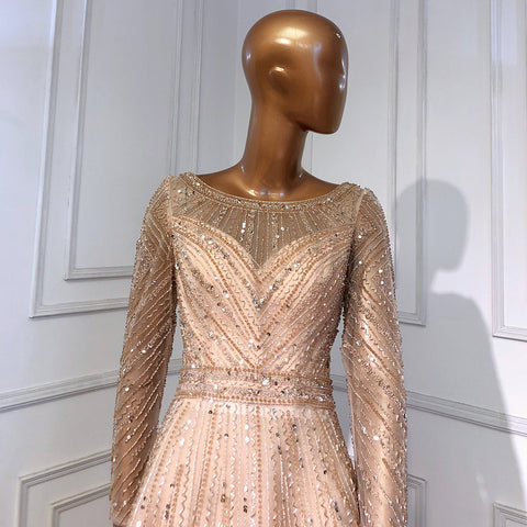 On Sale no return no refund Gold Mermaid Elegant Long Sleeves O-Neck Evening Dresses Gowns 2025 Beaded For Woman Party LA71635