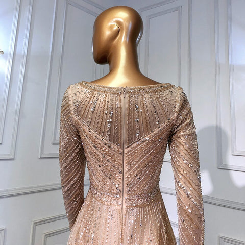 On Sale no return no refund Gold Mermaid Elegant Long Sleeves O-Neck Evening Dresses Gowns Luxury Beaded 2025 For Woman Party LA71635
