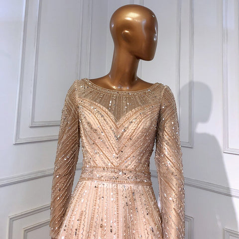 On Sale no return no refund Gold Mermaid Elegant Long Sleeves O-Neck Evening Dresses Gowns Luxury Beaded 2025 For Woman Party LA71635